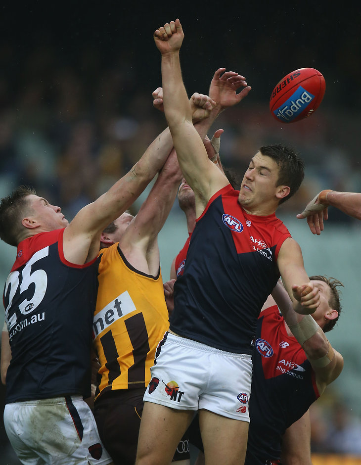 AFL 2016 Rd 11 - Hawthorn v Melbourne MELBOURNE, AUSTRALIA - JUNE 04: Jack Trengove of the Demons attempts to spoil during the 2016 AFL Round 11 match between the Hawthorn Hawks and the Melbourne Demons at the Melbourne Cricket Ground on June 4, 2016 in Melbourne, Australia. (Photo by Sean Garnsworthy/AFL Media)